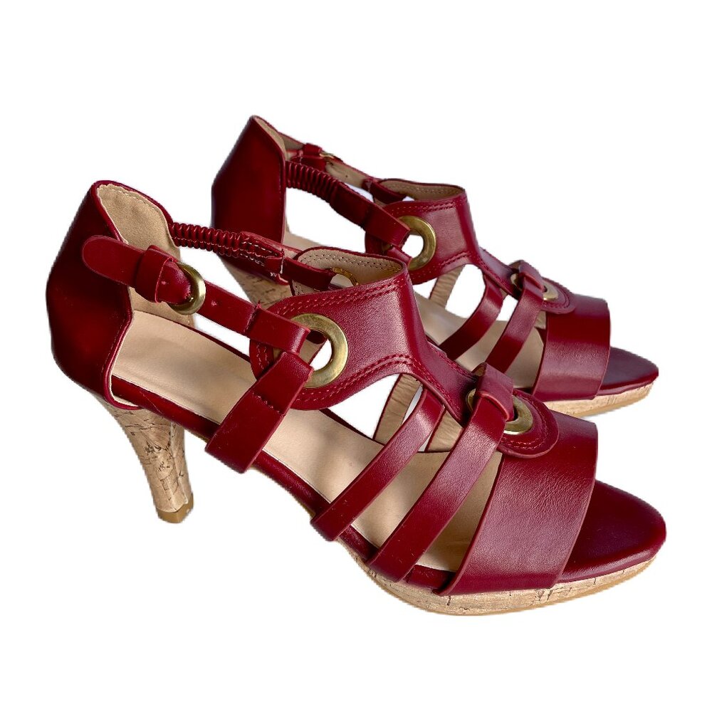 Radinnoo Red-Wine Open Toe Sandals with Cork Heel - US Size 9